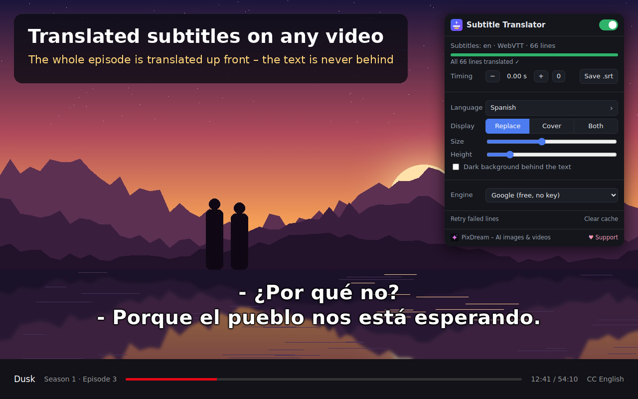 Translated subtitles on a video and the extension's settings popup